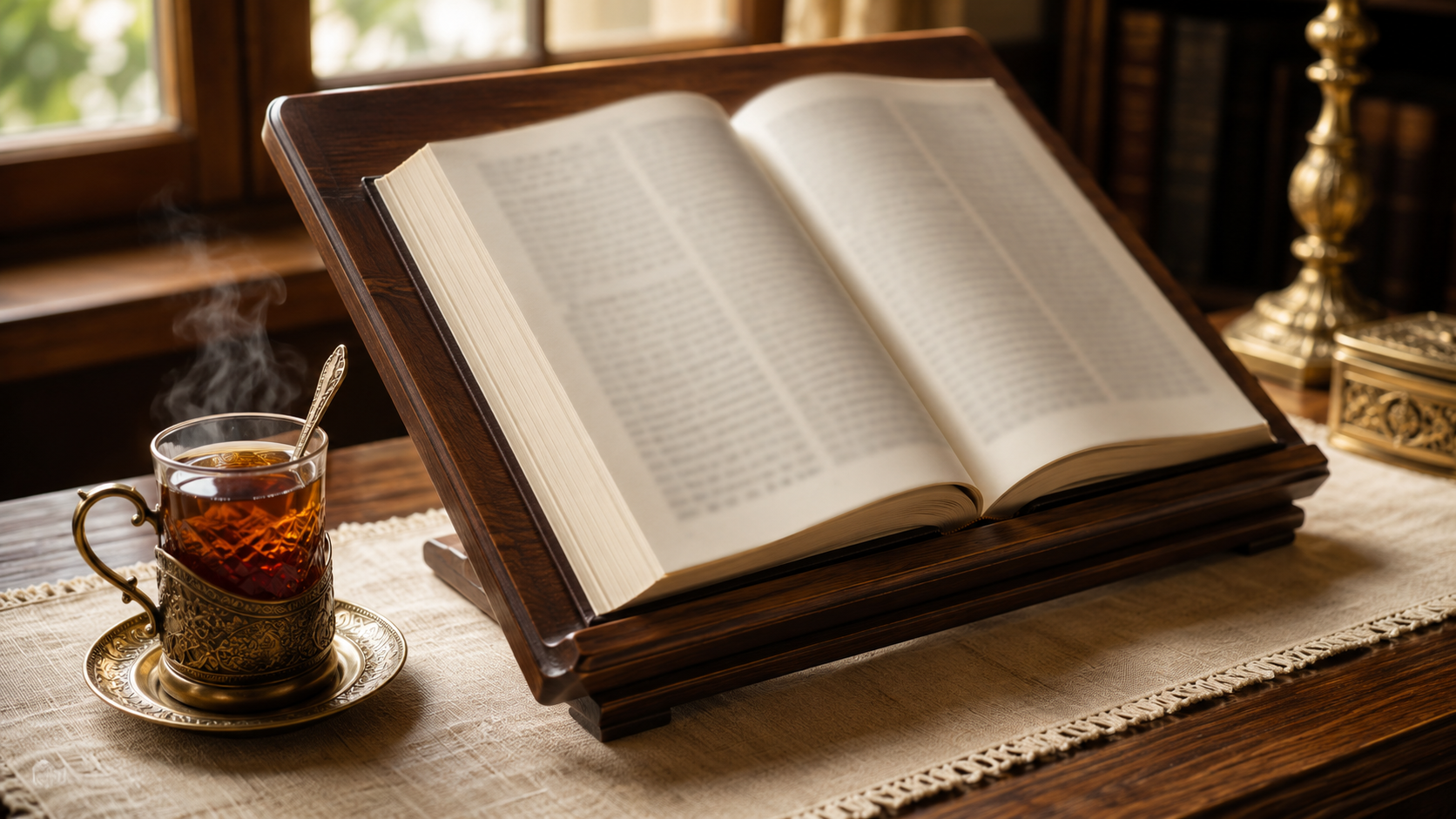 An open Gemara on a shtender with a glass of tea — choosing your first Daf Yomi Gemara at Judaica Square, Lakewood