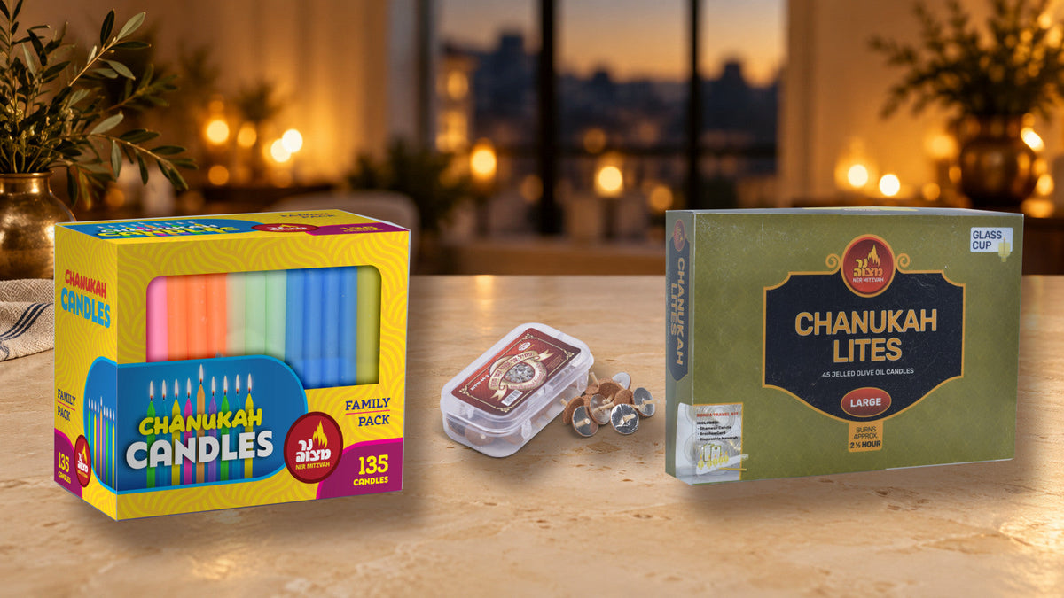 Chanukah candle box, pre-filled olive oil cups and floating wicks on a warm tabletop