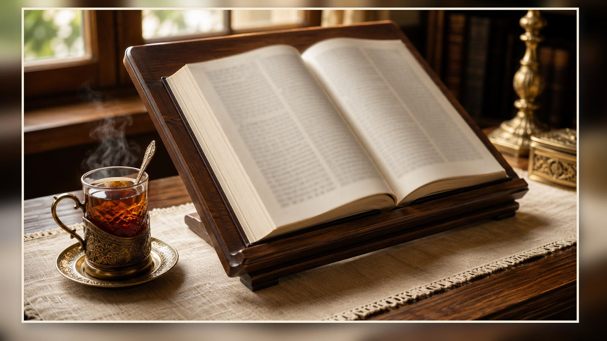 Open Gemara on a shtender with tea for a Daf Yomi buying guide