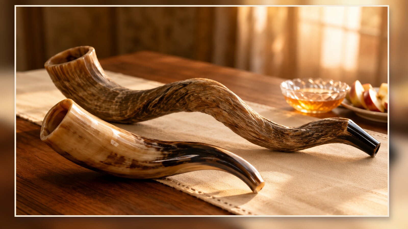 Ram’s horn and Yemenite shofars beside a honey dish for a shofar buying guide