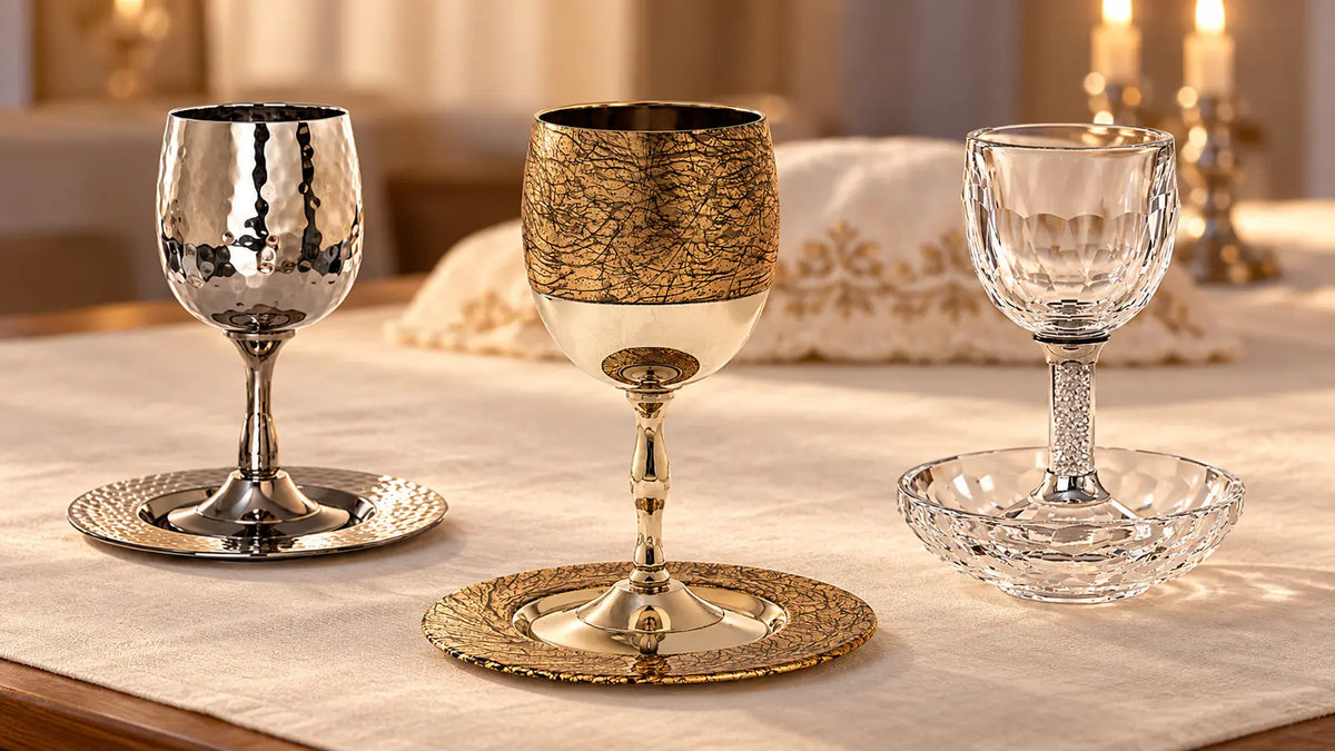 Three real Judaica Square Kiddush cup and tray sets in hammered stainless steel, gold enamel and crystal on a warm Shabbos table