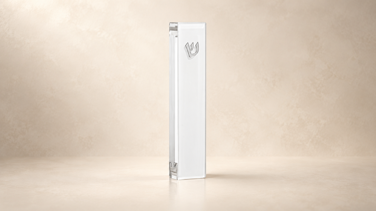 Waterdale Classic Silver mezuzah case with a silver-colored shin against a warm ivory studio background; scroll not shown