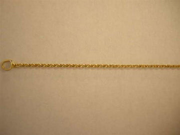 Thin twisted yellow gold rope chain laid horizontally with a ring clasp at left