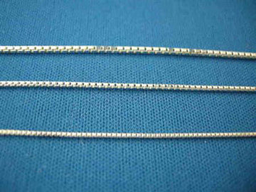 Graded trio of sterling box chains on blue knit; the middle chain is the medium gauge
