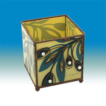 Yellow-green glass memorial candle holder with dark olive branch, pearl-tipped olives and wire trim