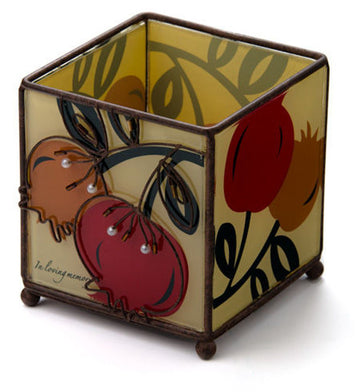 Square glass memorial candle holder with red and orange pomegranates, pearl accents and In Loving Memory