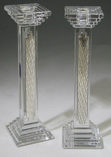 Pair of tall crystal candlesticks with stepped square bases and textured sterling silver column panels