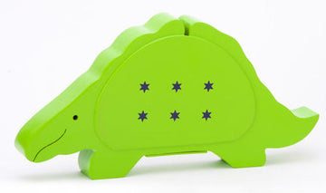 Green wooden dinosaur tzedakah box with six small navy Stars of David on its side