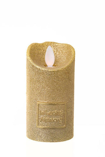 Glittering gold wax LED memorial candle with a lit flame and embossed In Loving Memory panel
