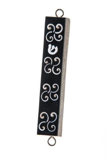 Dark teak mezuzah case with white shell scroll inlays, a shell Shin and metal hanging loops