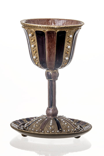 Amber enamel Kiddush cup with gold bands, seed pearls and crystals on a round jeweled tray