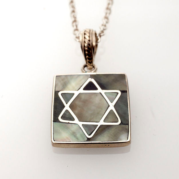 Black Mussel Shell and Sterling Silver Star Pendant — alternate view | Judaica Square Lakewood