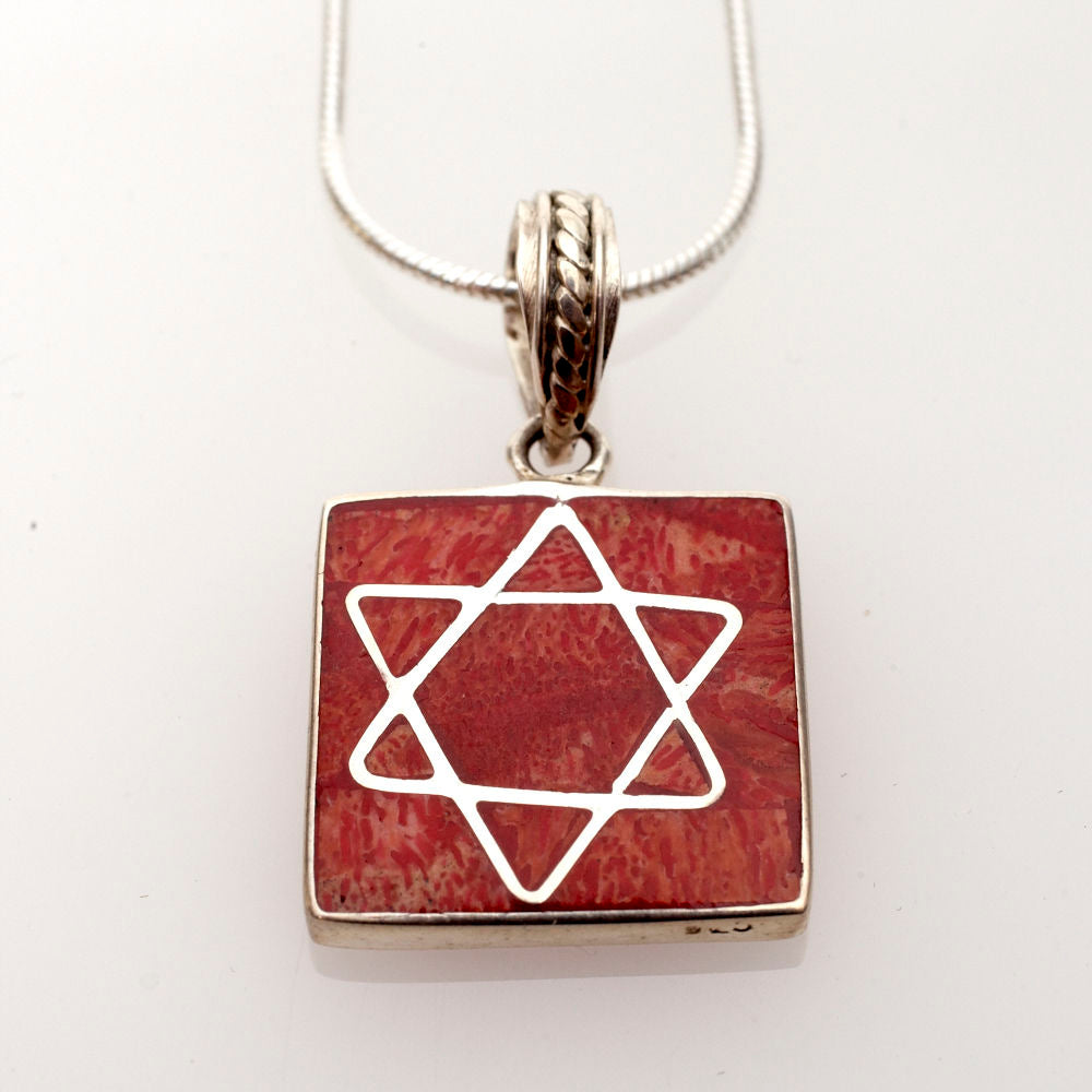 Red Coral and Sterling Silver Star Pendant | Judaica Square Lakewood