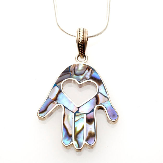 Abalone and Sterling Silver Heart Hamsa — alternate view | Judaica Square Lakewood