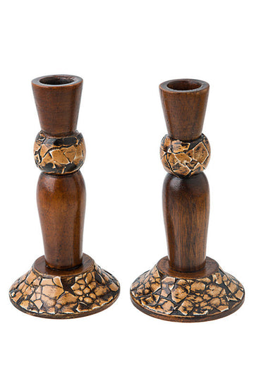 Pair of smooth dark wood candlesticks with an eggshell mosaic band near the top and eggshell-covered bases