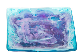 Square resin matzah plate with swirling purple center and aqua blue rim