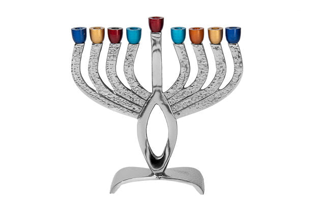 Nickelplated menorah with colered cups — alternate view | Judaica Square Lakewood