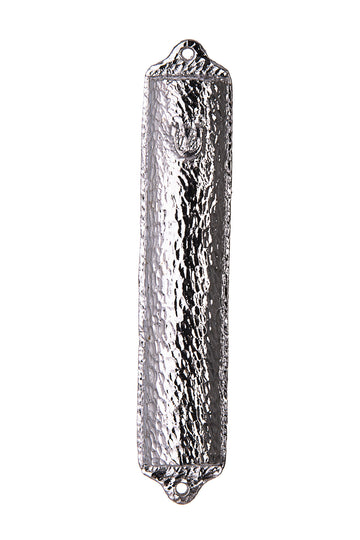 Hammered silver metal mezuzah case with small shin and mounting holes at each end