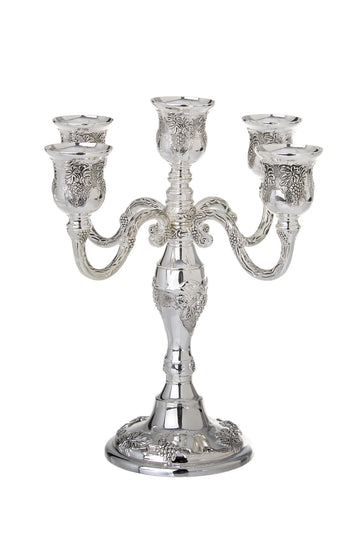 Five-branch silver plated candelabra with grape-embossed cups, scrolled arms and a round base