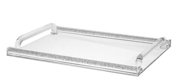 Clear crystal rectangular tray with a sparkling crushed-stone rim and clear rod handles at each end