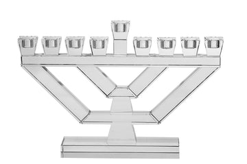 All-clear crystal menorah with angled branches, eight candle cups and a raised shamash on a stepped base