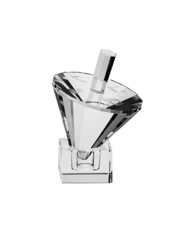 Cone-shaped umbrella crystal dreidel with faceted rim and angled stem resting in a square stand