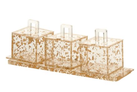 Tray with 3 Separate dishes Lucite Gold Flakes