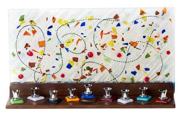 Glass Multicolor Wall Menorah — alternate view | Judaica Square Lakewood