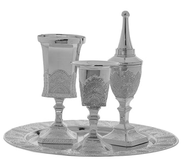 Silver plated havdalah set with matching tray, wine cup, spice box and candle holder