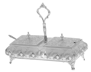 Silver plated two section serving dish with glass liners, a cover and a serving spoon