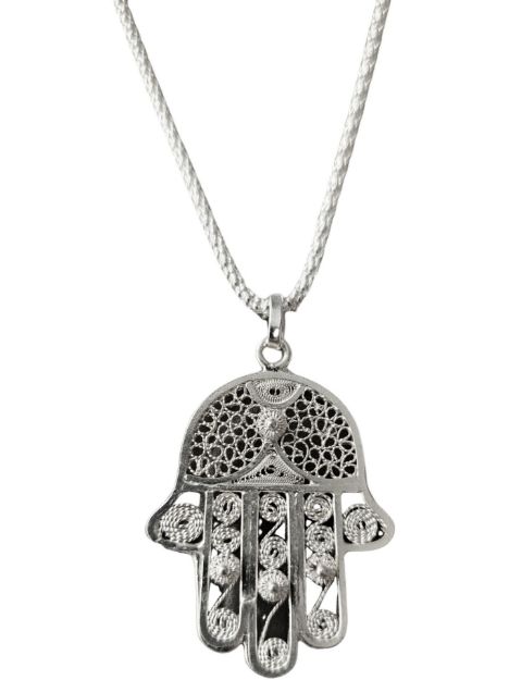 Handcrafted Sterling Silver Large Filigrana Hamsa on 24 inch Chain — alternate view | Judaica Square Lakewood