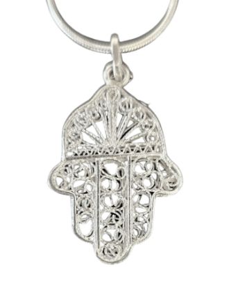 S480-S Handcrafted Sterling Silver Filigree Hamsa on 20 inch Chain -