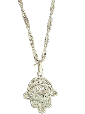 S481-S Handcrafted Sterling Silver Filigree Eye Hamsa on 18 inch Chain