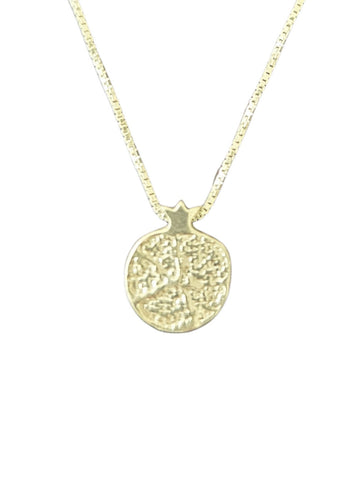 Textured round pomegranate charm with small crown on a box chain, photo appears gold-toned