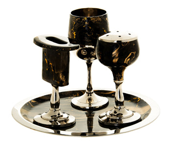 Brown and gold enamel havdalah set with spice box, cup and candleholder on a round tray