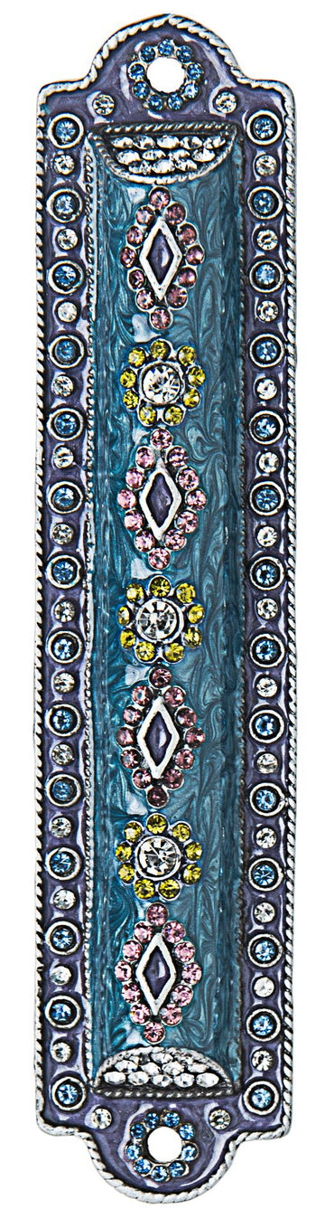 Teal-blue jeweled mezuzah case with pink, yellow and clear stones in diamond and flower rows