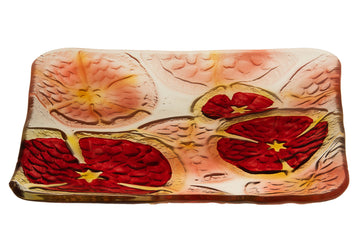 Square glass serving plate decorated with a pomegranate design across the surface