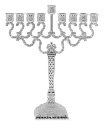 Small silver plated Chanukah menorah with eight branches curving up from a low base