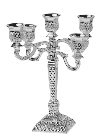Silver plated five light candelabra with a diamond pattern worked into the arms