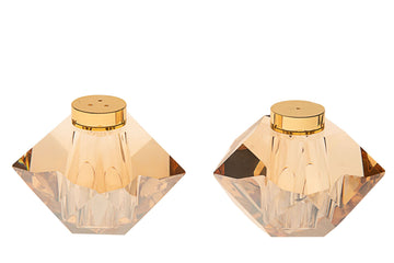 Clear crystal salt and pepper pair with warm gold tone accents and short bodies