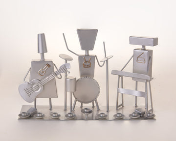 Silver toned metal menorah shaped as three musician figures with candle holders