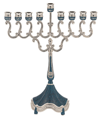 Small silver plated Chanukah menorah with a band of blue running through it
