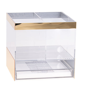 Gold and clear lucite stand holding six benchers above an open napkin shelf