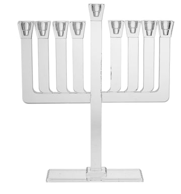 Clear crystal Chanukah menorah with nine square candle cups on flat straight arms above a stepped base