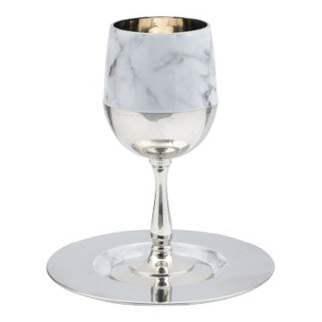 Marble & Nickel-Plated Kiddush Cup and Tray — bright nickel cup on white marble | Judaica Square Lakewood
