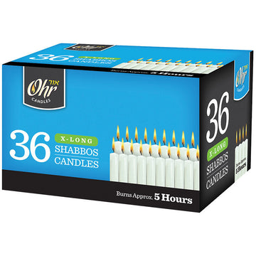 Ohr X-Long Shabbos Candles 36 count — blue and black retail box showing rows of lit white candles