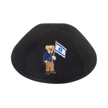 Bear Holding Israel Flag Kippah – Black Linen Yarmulke by iKippah