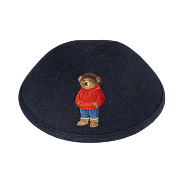 Winter Dov Bear kippah — deep navy denim yarmulke with bear in red hooded sweater and boots | Judaica Square Lakewood