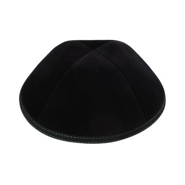 Black velvet kippah with green double stitching on the rim — 4-panel yarmulke | Judaica Square Lakewood