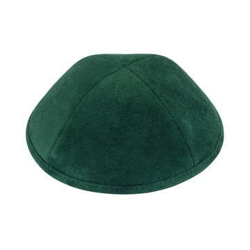 Forest green suede kippah with four panels, a soft brushed nap and a matching green suede rim